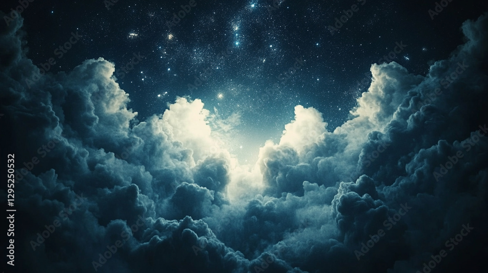 Naklejka premium Hyperrealistic night sky with deep blue hues, glowing stars and wispy clouds, symbolizing mystery, infinite possibilities, and cosmic wonder in a modern artistic atmosphere