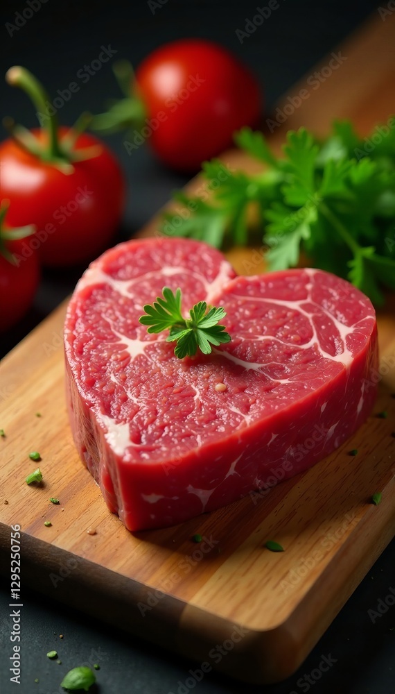 Heart shaped piece of raw beef on wooden cutting board, raw meat, heart shape