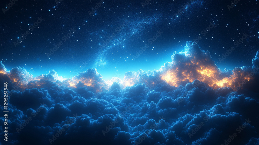 Hyperrealistic night sky with deep blue hues, glowing stars and wispy clouds, symbolizing mystery, infinite possibilities, and cosmic wonder in a modern artistic atmosphere Hyperrealistic night sky with deep blue hues, glowing stars and wispy clouds, symbolizing mystery, infinite possibilities, and cosmic wonder in a modern artistic atmosphere