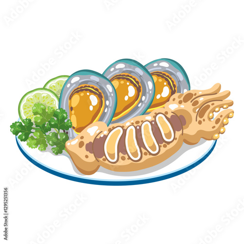 Seafood vector Grilled Squid and Green Mussels with side dish Lime and parsley on Plate