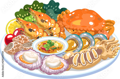 Vector illustration Seafood Grilled Platter