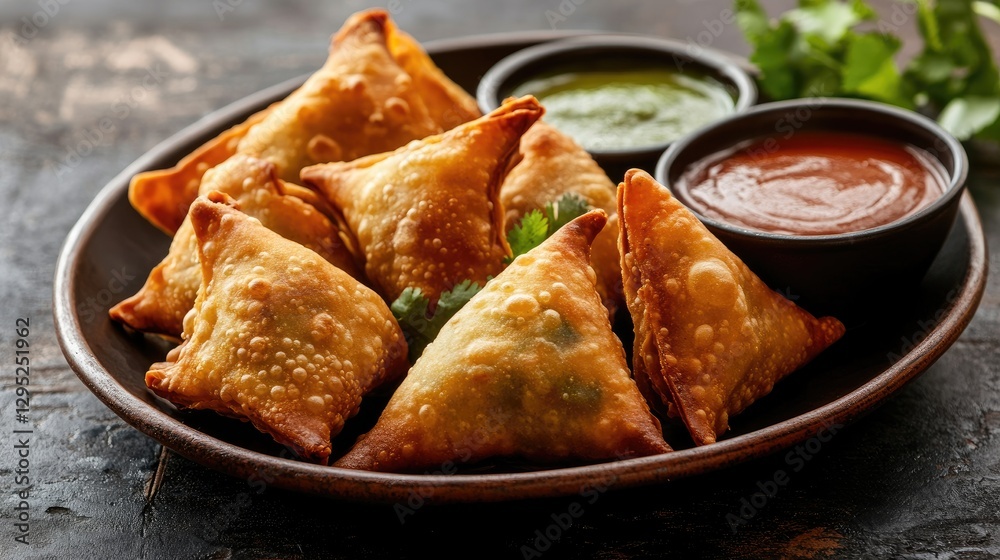 Crispy Samosas Served with Green and Red Chutney on a Plate Crispy Samosas Served with Green and Red Chutney on a Plate