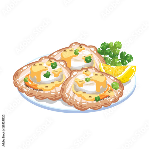 Seafood vector Baked Scallops with cheese