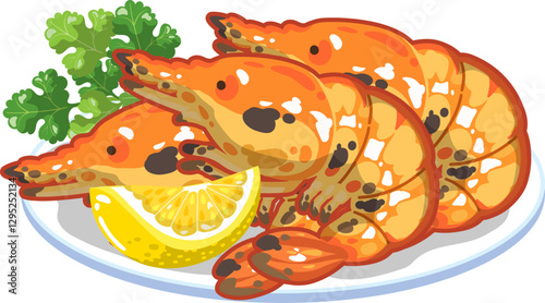 Seafood Vector Grilled Prawns with Lemon and Basil