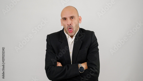 In a studio setting, a middle-aged businessman wearing a suit is standing in front of a white background, gagging as if feeling nauseous and looking at the camera
