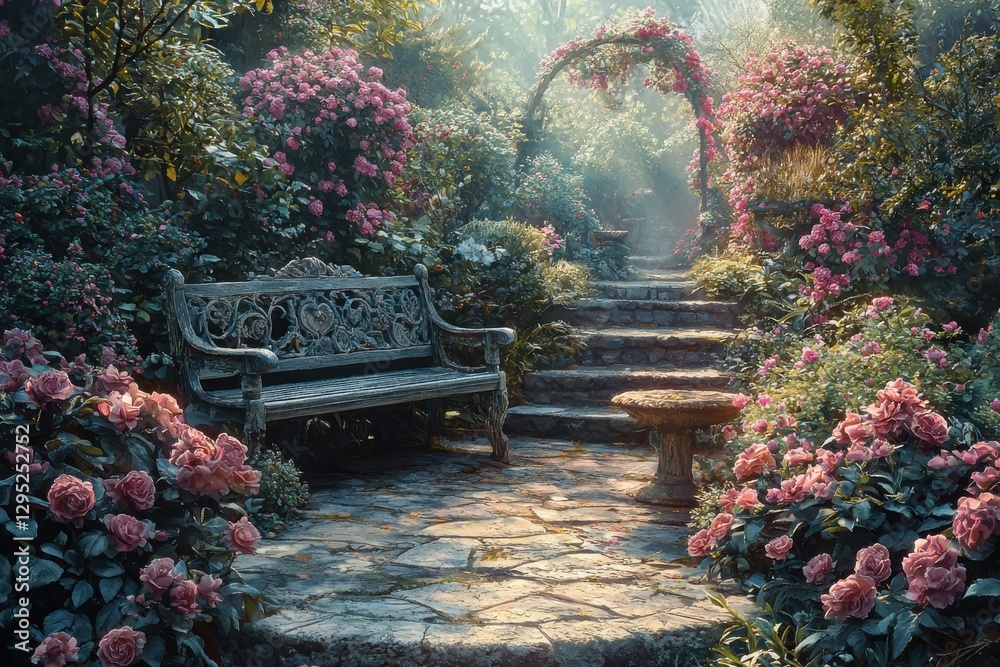 Obraz premium Charming wooden bench nestled in a tranquil garden surrounded by colorful blooms and lush greenery