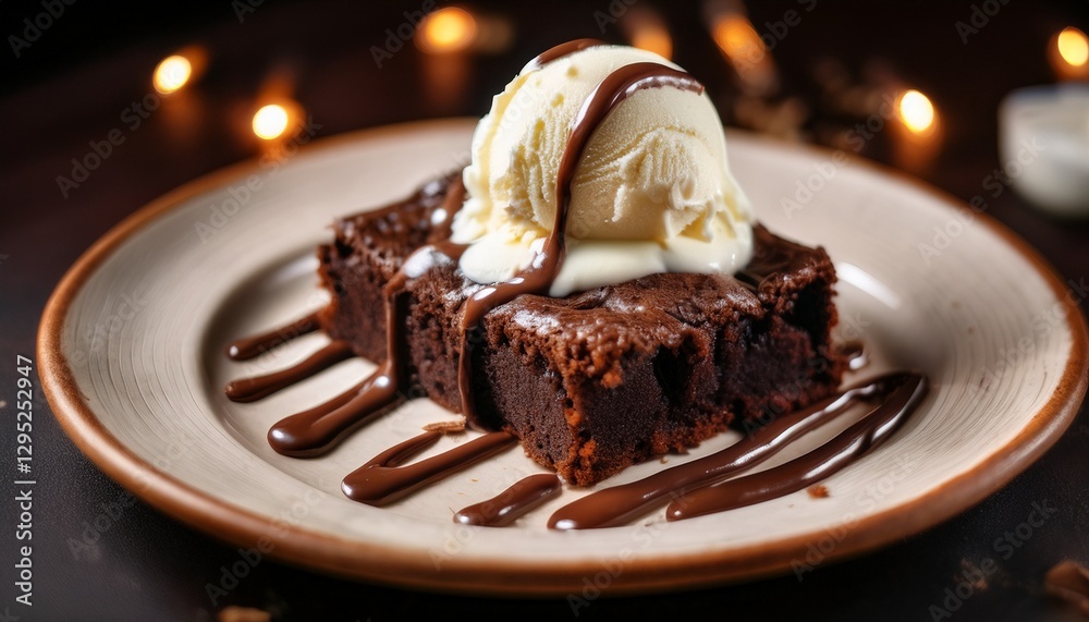 Decadent chocolate brownie topped with creamy vanilla ice cream and rich chocolate drizzle. sweet Decadent chocolate brownie topped with creamy vanilla ice cream and rich chocolate drizzle. sweet