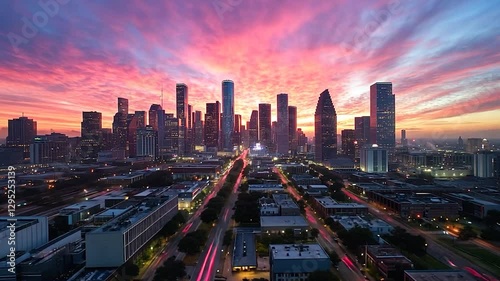 Vibrant sunrise over city skyline, traffic trails