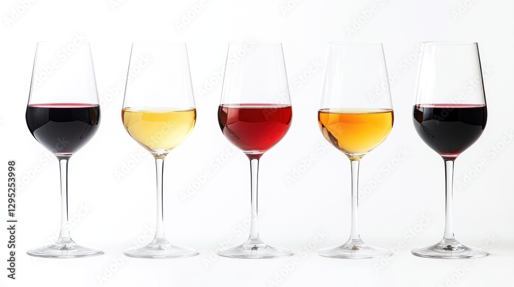 Wine glasses with different colored wines against a white background