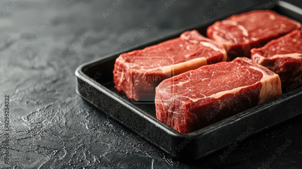 Fototapeta premium Fresh Raw Beef Steaks on Black Plate Ready for Cooking