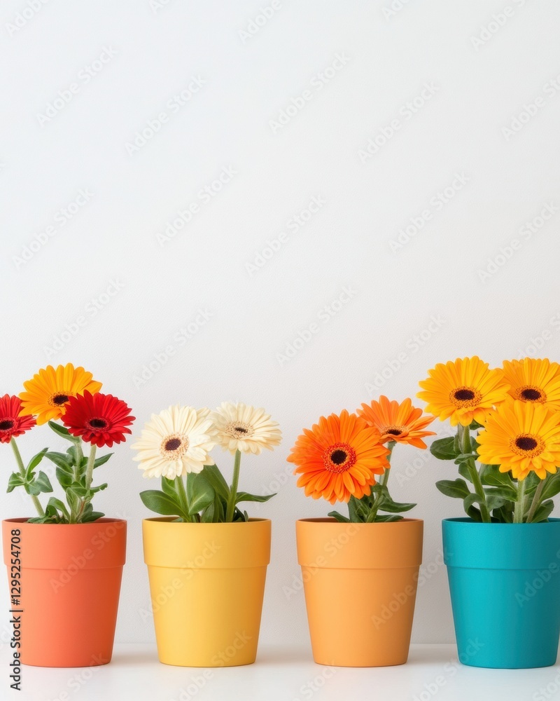 Fototapeta premium Vibrant Gerbera Daisy Collection Sustainable Garden Center Decor Showcasing Colorful Ceramic Pots and Joyful Botanical Diversity for Modern Lifestyle Marketing