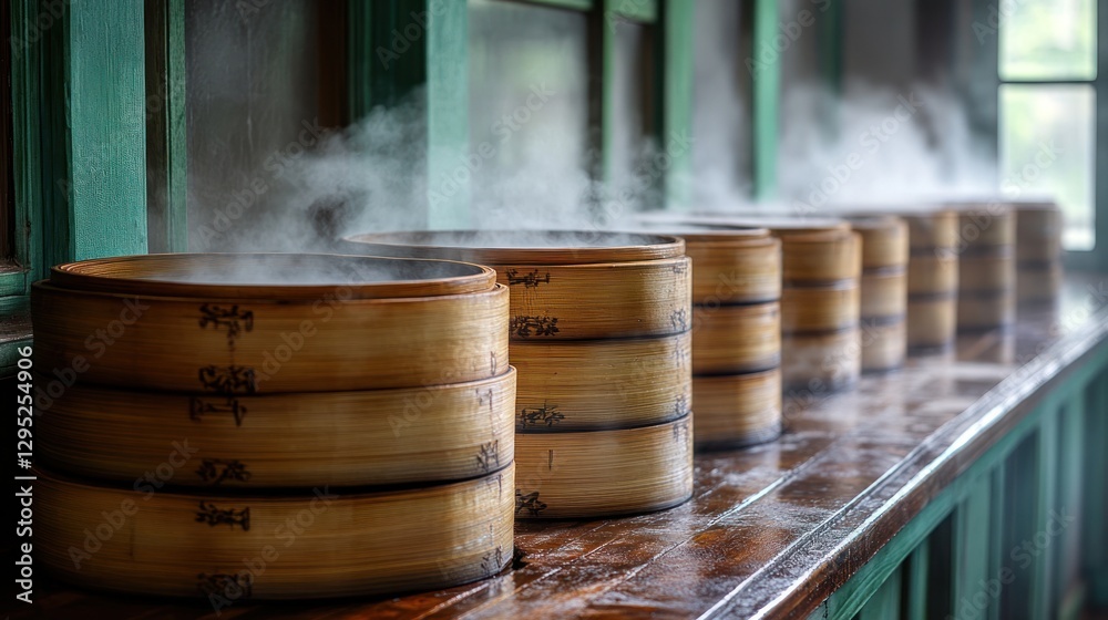 Steaming Bamboo Baskets in Traditional Asian Kitchen Steaming Bamboo Baskets in Traditional Asian Kitchen