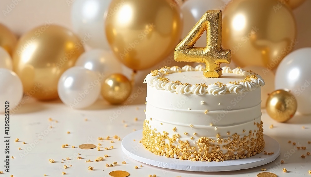 Fototapeta premium White Frosted Cake with Gold Number 4 Candle and Balloons for 4th Birthday Celebration