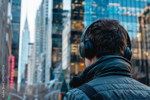 Young Man Wearing Headphones in Urban Cityscape Background