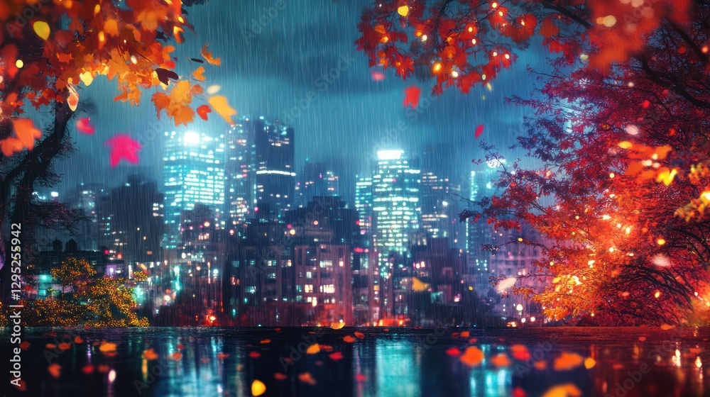 Fototapeta premium A vibrant cityscape at night with autumn leaves and rain.