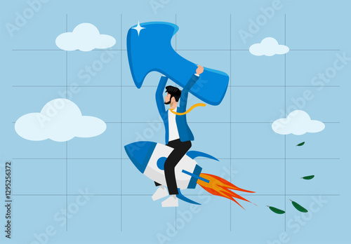 Success achievement, business financial growth reaches target, leadership to win business challenge, startup, entrepreneur or ambition to win, businessmen ride rockets and arrows to achieve growth