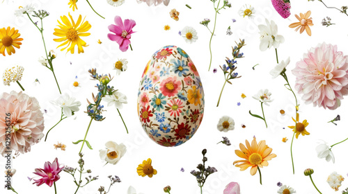 Easter egg decorated with colorful flowers falling on transparent background