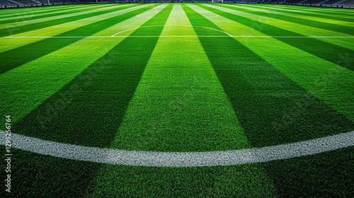 vibrant, well maintained soccer field with striped green grass and white markings, ready for match. lush turf and clear lines create professional and inviting atmosphere