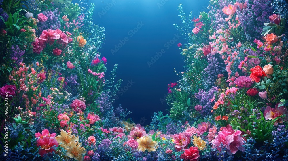 Fototapeta premium A beautiful arrangement of various flowers and plants set against a bright blue background creating a vibrant scene