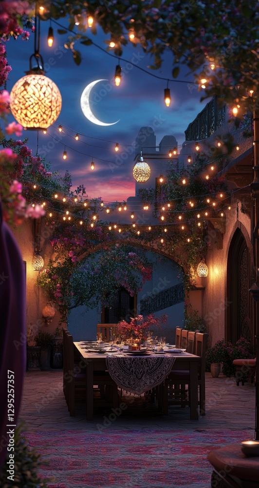 Fototapeta premium Evening dinner party in a Moroccan courtyard