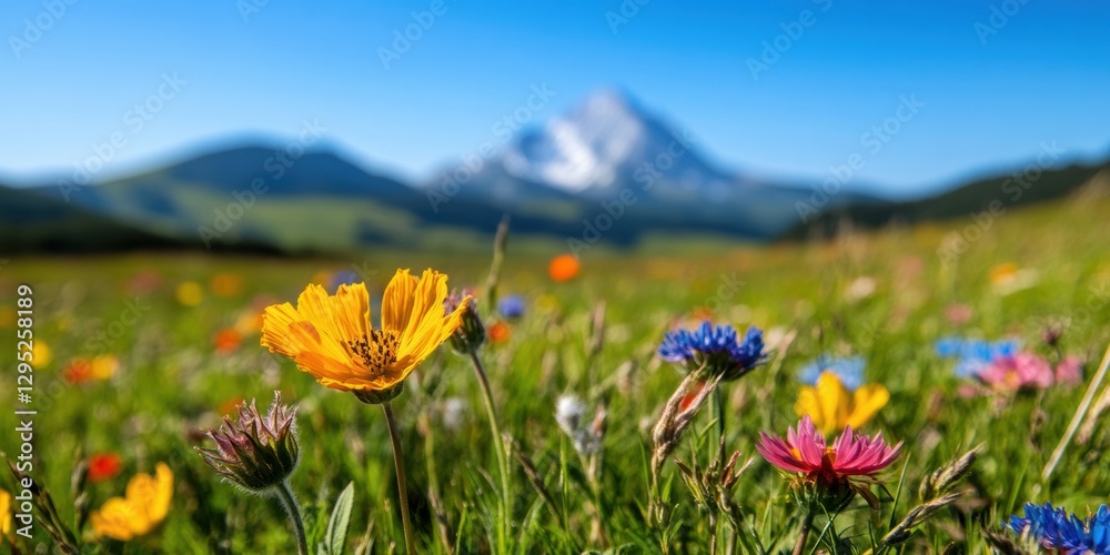 Obraz premium Regenerative Landscape Storytelling Vibrant Alpine Wildflower Meadow Showcasing Biodiversity and Climate Resilience in High-Elevation Ecosystem