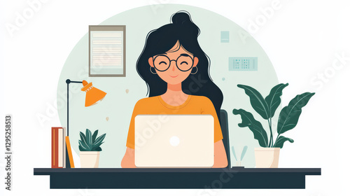 woman with glasses works on laptop at desk, surrounded by plants and lamp, creating cozy and productive workspace