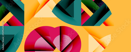 Abstract geometric artwork with interwoven angular and curved shapes, dynamic composition with smooth gradients and bold contrasts
