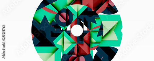 Abstract geometric composition with interlocking circular and angular shapes, featuring smooth gradients and sharp contrasts on a white background
