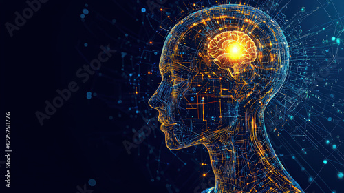 digital illustration of human head with glowing brain, symbolizing artificial intelligence and technology integration. image features intricate circuit patterns and futuristic design