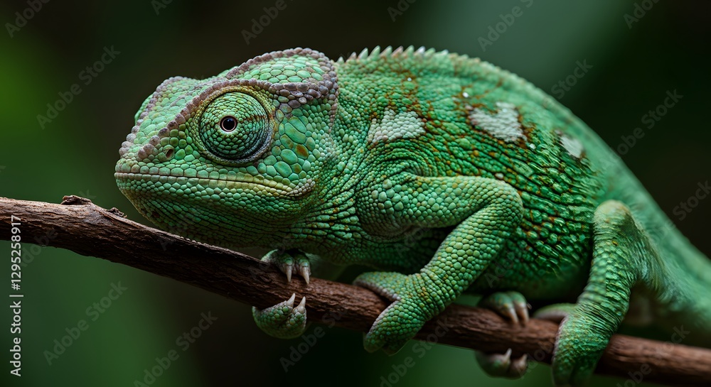 Fototapeta premium Close-Up of a Green Chameleon Perched on a Branch in a Tropical Habitat