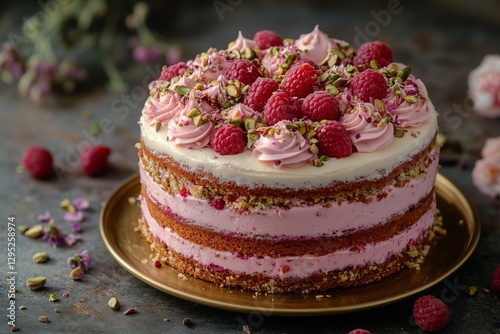 Wallpaper Mural beautiful layered rose pistachio cake with natural creamy frosting, decorated with fresh raspberries and pistachios on top Torontodigital.ca