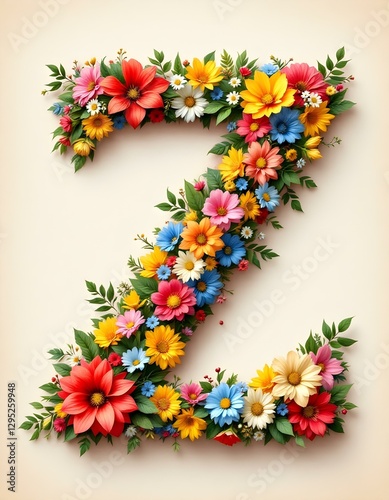 letter, A, floral, flowers, vibrant, colorful, artistic, elegant, design, organic, natural, red, yellow, pink, blue, white, blooms, green, leaves, accents, beige, background, soft, texture, warm,  photo