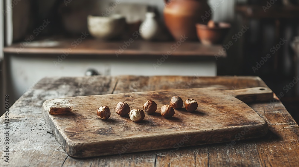 Rustic Still Life: Hazelnuts on Weathered Wooden Board Rustic Still Life: Hazelnuts on Weathered Wooden Board