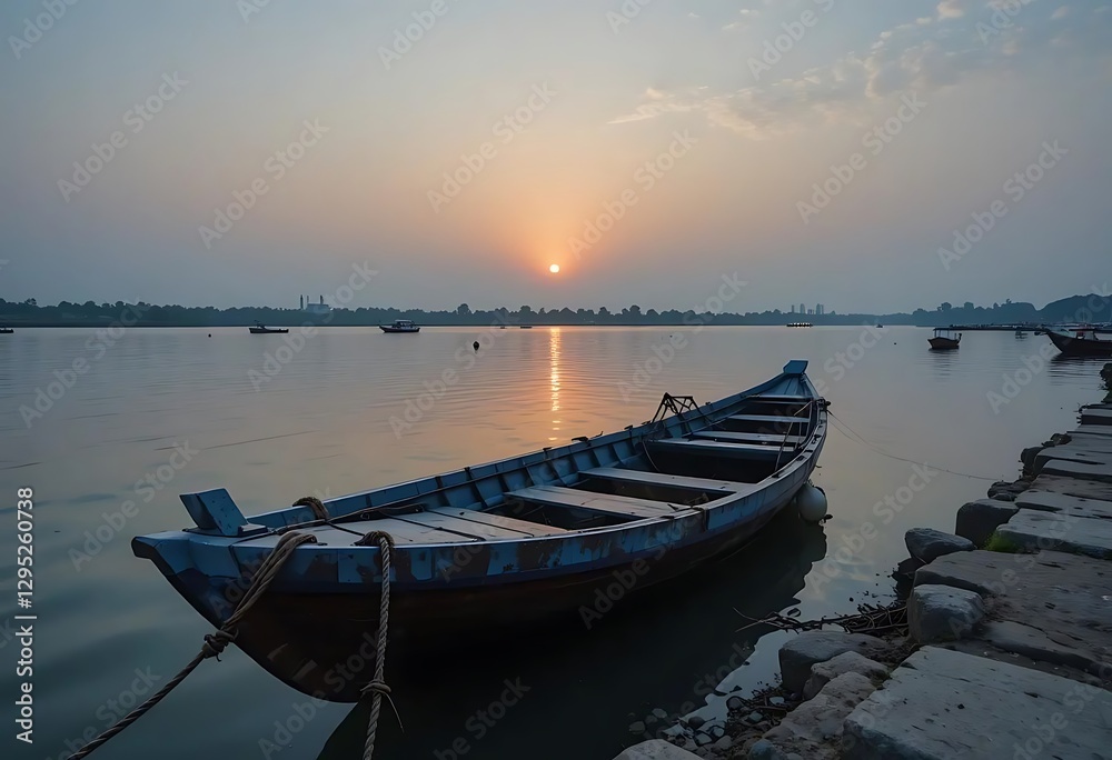 Tranquil Sunset River Scene: A Weathered Boat at Dusk Tranquil Sunset River Scene: A Weathered Boat at Dusk