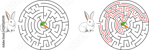 Help bunny pass through maze to find carrot. Feed the hungry pet labyrinth. Not hard riddle for kids and parents with solution