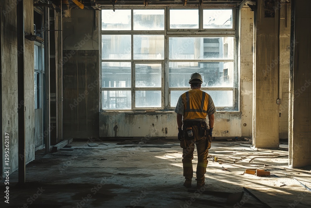 Construction worker in derelict building, viewed from behind. Illustrates themes of renovation, construction, and urban decay. Construction worker in derelict building, viewed from behind. Illustrates themes of renovation, construction, and urban decay.