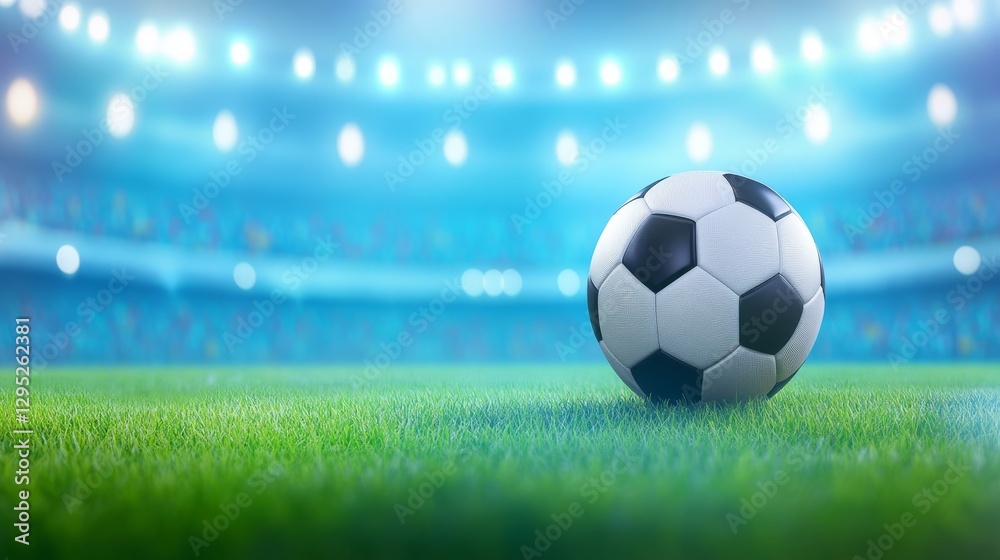 Fototapeta premium Vibrant soccer ball on lush green grass in a stadium, ready for an exciting match