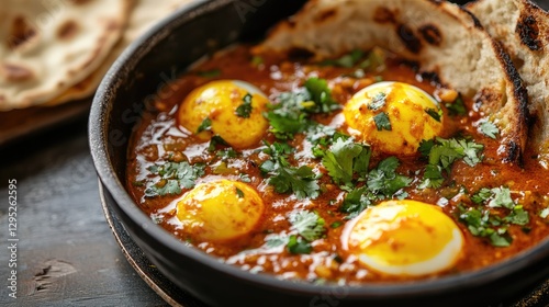 Golden Eggs in Spicy Tomato Sauce with Fresh Herbs and Bread