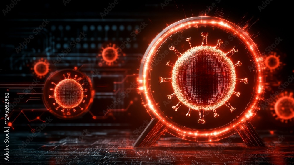 Obraz premium The image depicts stylized, glowing red spheres with spiky protrusions, resembling a virus, against a dark, tech-inspired background with circuit board patterns.
