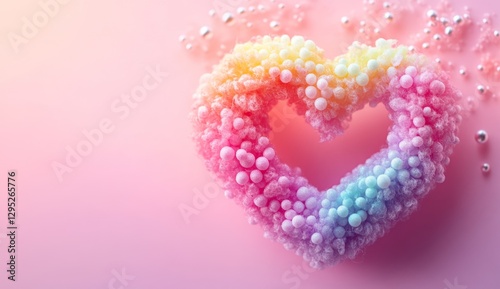 Rainbow heart shape design on pastel pink background with pearls
