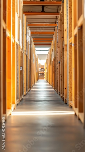 Industrial Loft Aesthetic Ceiling-Height Storage with Steel Shelving in Logistics Corridor - Streamlined Inventory Management for Modern Warehouse Efficiency
