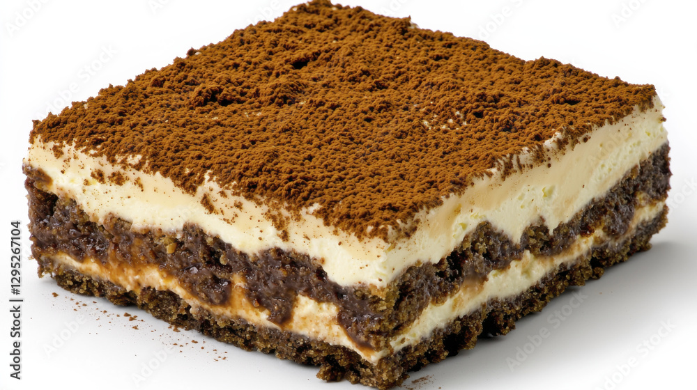 Delicious layered dessert with chocolate and cream, topped with cocoa powder Delicious layered dessert with chocolate and cream, topped with cocoa powder