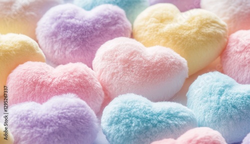 Pastel heart-shaped plush toys close-up, soft focus, white background