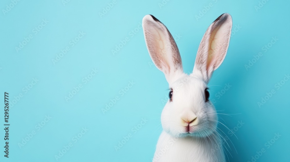 Obraz premium Contemporary Pet Retail Visual White Bunny and Pastel Blue Sphere for Trendy Pet Accessories Promotion - Captivating Design and Enrichment Marketing in Modern Petcare