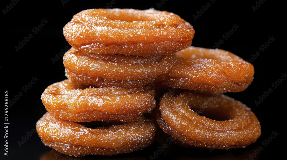 Delicious golden donuts stacked high, coated in sugar, perfect for dessert Delicious golden donuts stacked high, coated in sugar, perfect for dessert