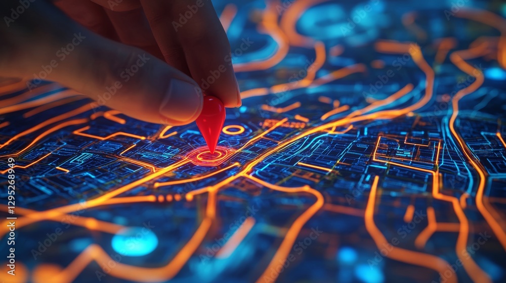 Naklejka premium Digital cityscape with illuminated navigation routes, GPS pin, and high-tech mapping interface – futuristic geolocation and smart tracking system