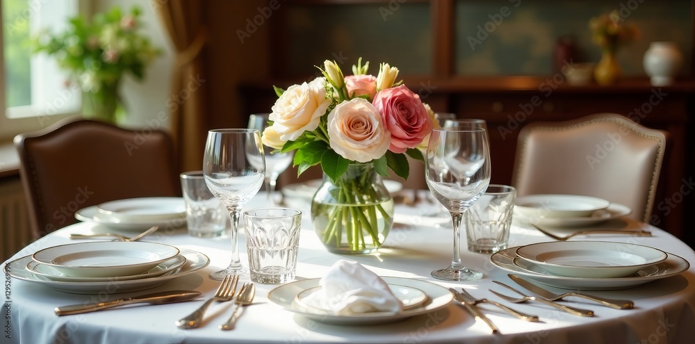 Fototapeta premium A beautifully set table with fine china, crystal glassware, and fresh flowers as a centerpiece, elegant, dining