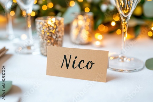 Festive Winter Holiday Gathering Elegant Nico Day Personalized Place Card in Soft Gold Warmth - Intimate Celebration and Seasonal Entertaining Design for Modern Hosts photo