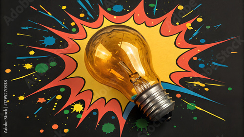 Creative light bulb explodes with colorful paint, Liquid Coronet in lighhtbulb, Think differently creative idea concept, Exploding Light Bulb on gray