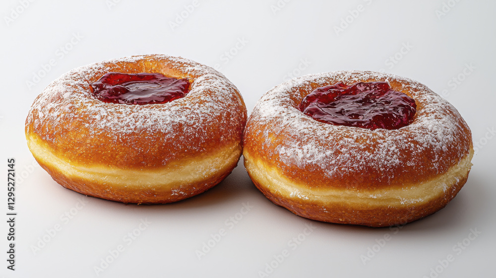 Delicious jelly filled donuts with powdered sugar on white background Delicious jelly filled donuts with powdered sugar on white background